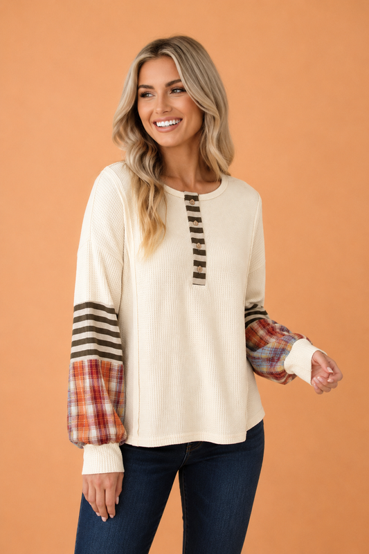Stripe Plaid Patchwork Waffle Knit Henley Top