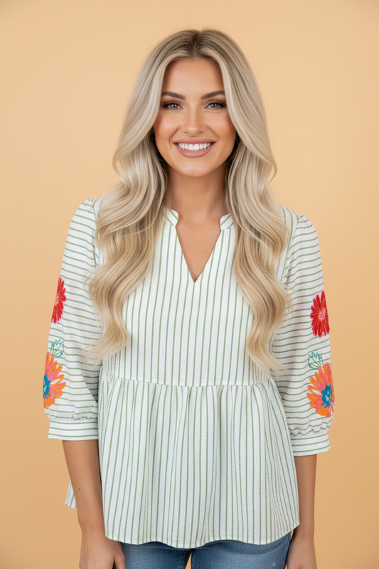 Floral Stripe Puff Sleeve Notched V-Neck Blouse