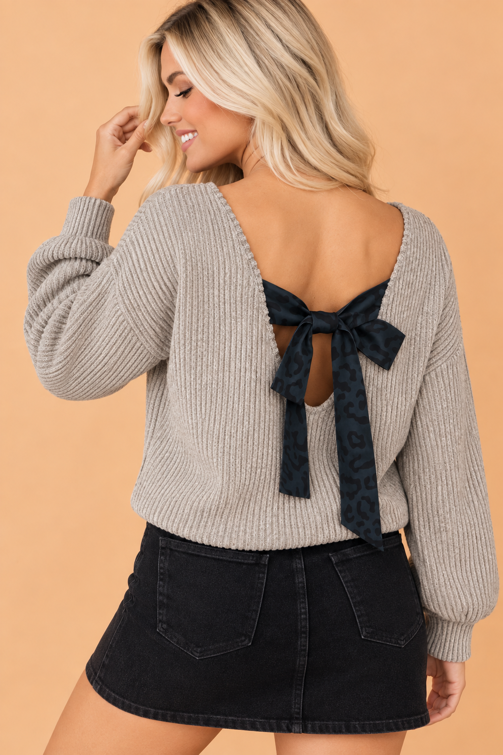 Leopard Bow Back Ribbed Knit Long Sleeve Top
