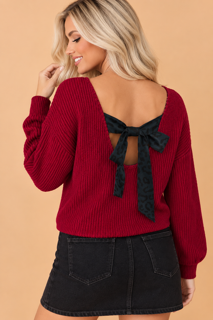 Leopard Bow Back Ribbed Knit Long Sleeve Top