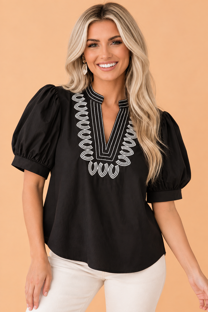 Embroidered V-Neck Short Puff Sleeve Blouse