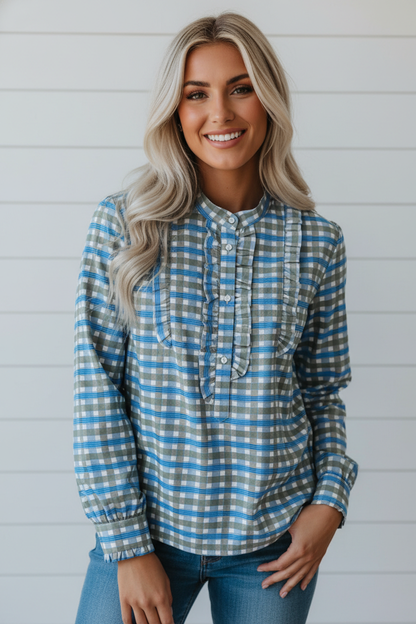 Plaid Long Sleeve Frilled Half Button Blouse
