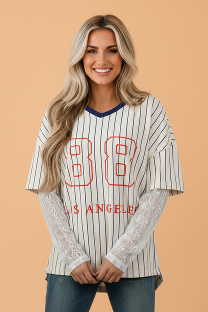 88 LOS ANGELES Stripe Lace Patchwork Top