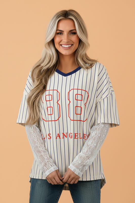 88 LOS ANGELES Stripe Lace Patchwork Top