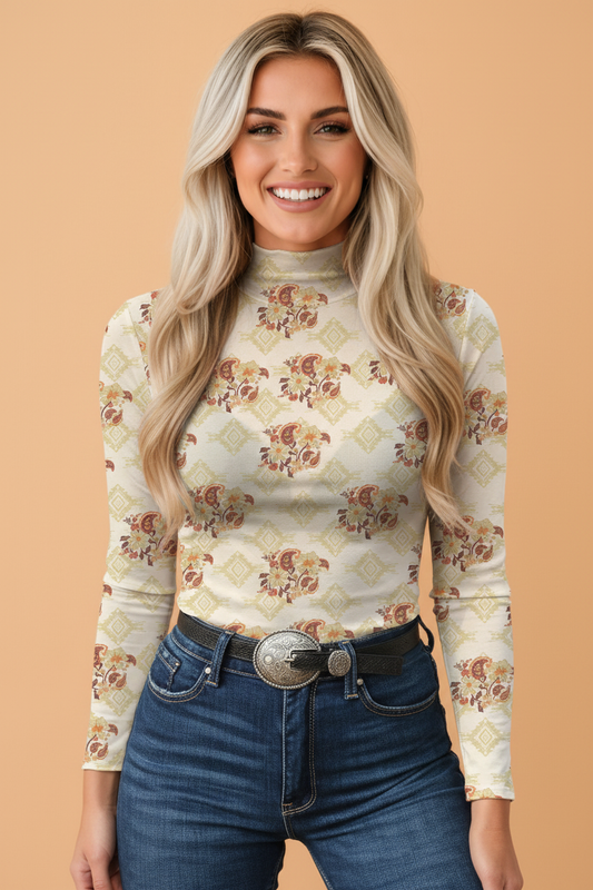 Geometric Paisley Mesh Long Sleeve Mock Neck Top