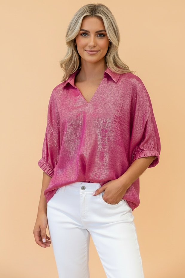 Metallic Collared V-Neck 3/4 Sleeve Top
