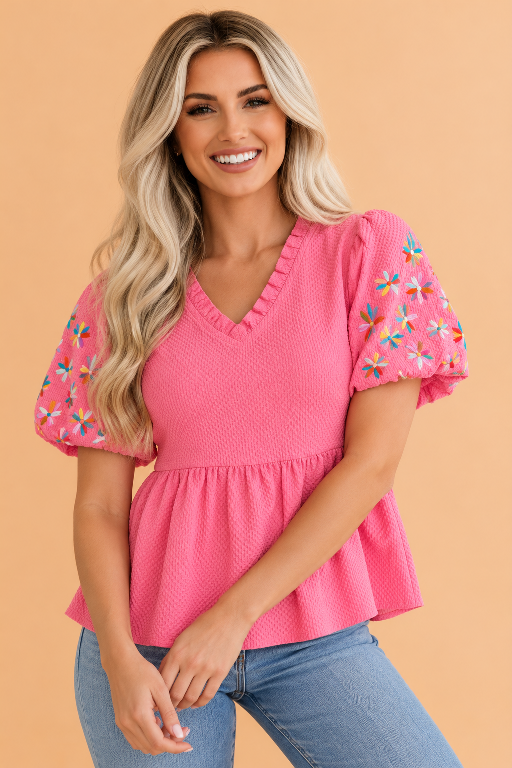 Flower Embroidered Puff Sleeve Frilled V-Neck Blouse