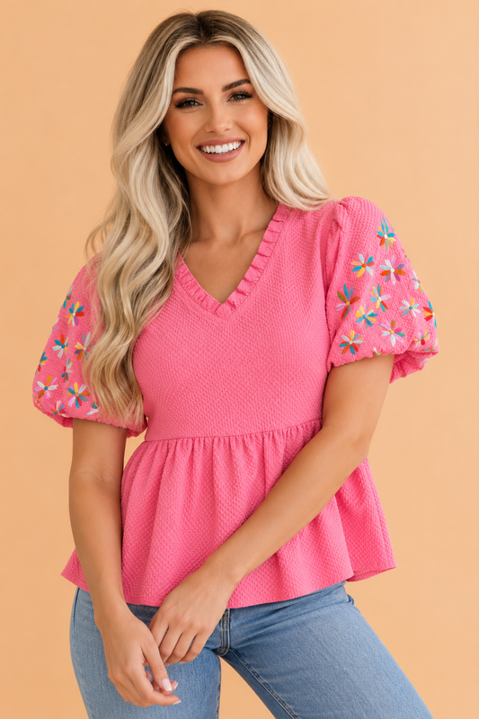 Flower Embroidered Puff Sleeve Frilled V-Neck Blouse