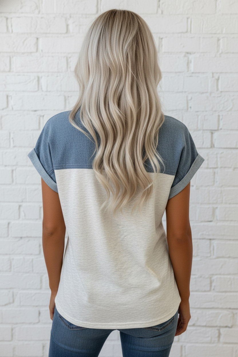 Colorblock Denim Patchwork Buttoned Polo Top