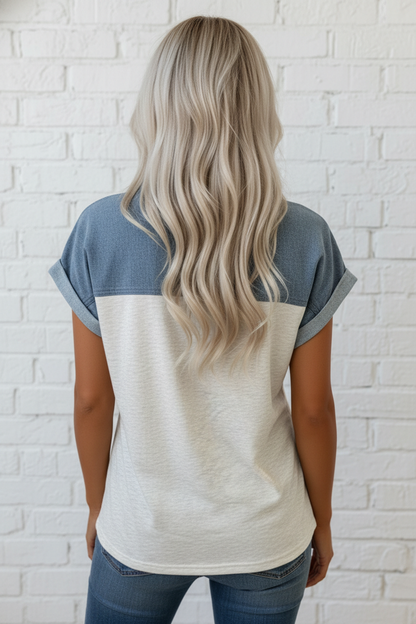 Colorblock Denim Patchwork Buttoned Polo Top