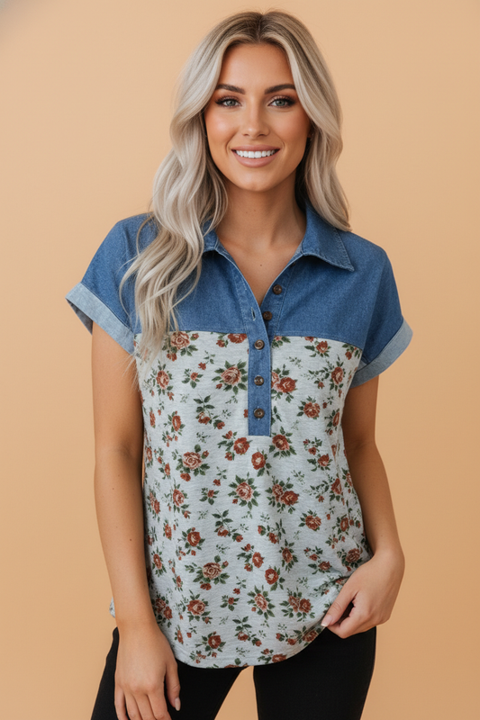 Floral Retro Denim Patchwork Buttoned Collar Top