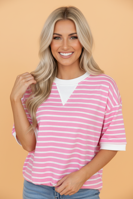Stripe Colorblock Drop Shoulder Short Sleeve Top