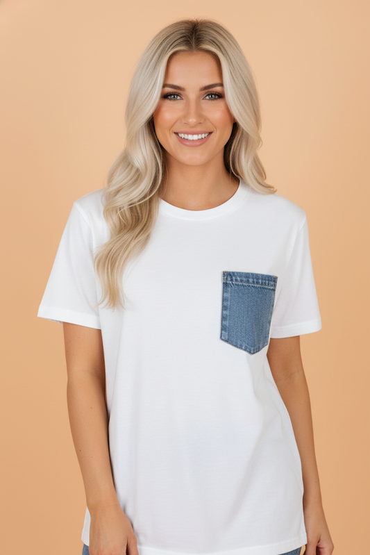 Colorblock Chest Pocket Patch Short Sleeve Top
