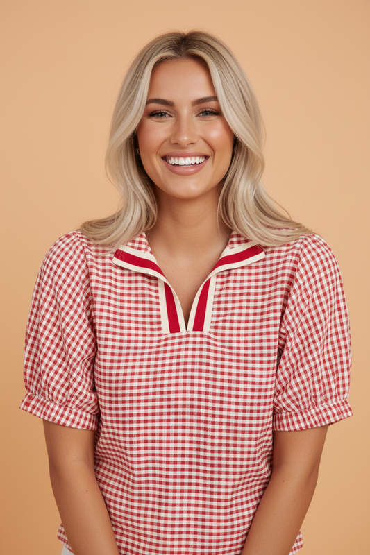 Gingham Plaid Colorblock Trim Split Neck Blouse