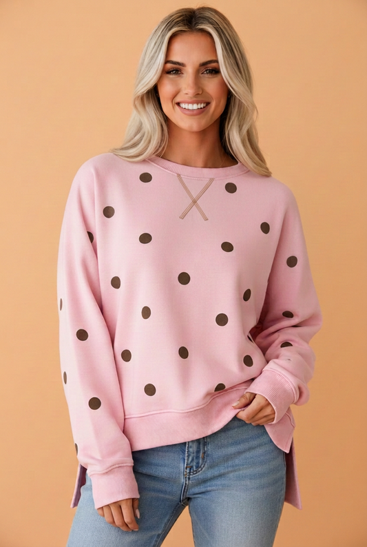 PRETTY BASH Polka Dot Long Sleeve Split Hem Sweatshirt