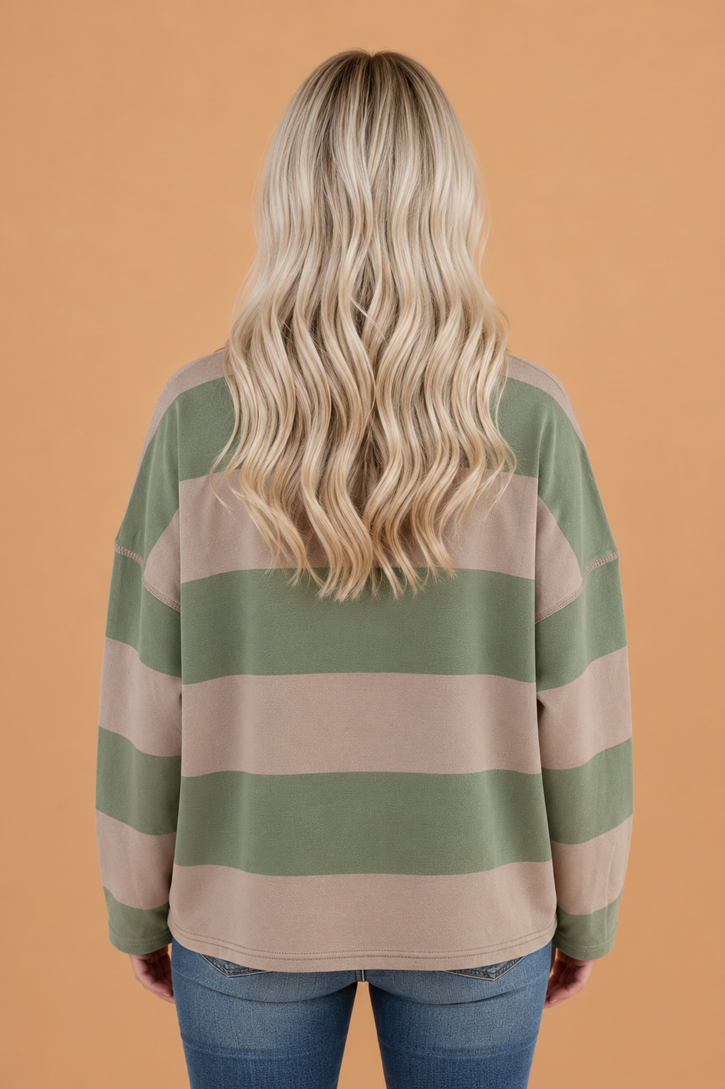 Stripe Colorblock Half Zip Collar Long Sleeve Top