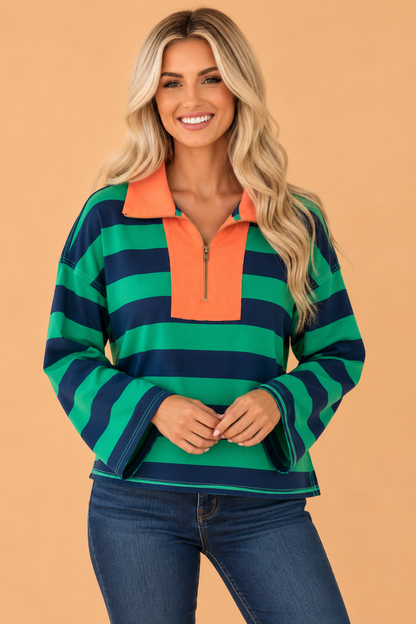 PRETTY BASH Stripe Quarter-Zip Exposed Seam Long Sleeve Top