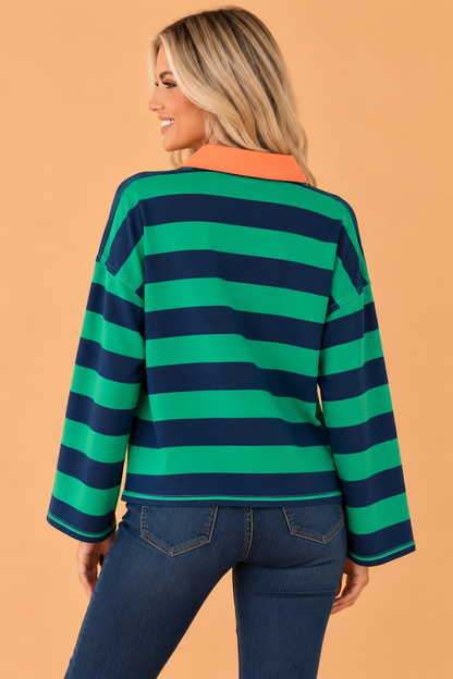 PRETTY BASH Stripe Quarter-Zip Exposed Seam Long Sleeve Top