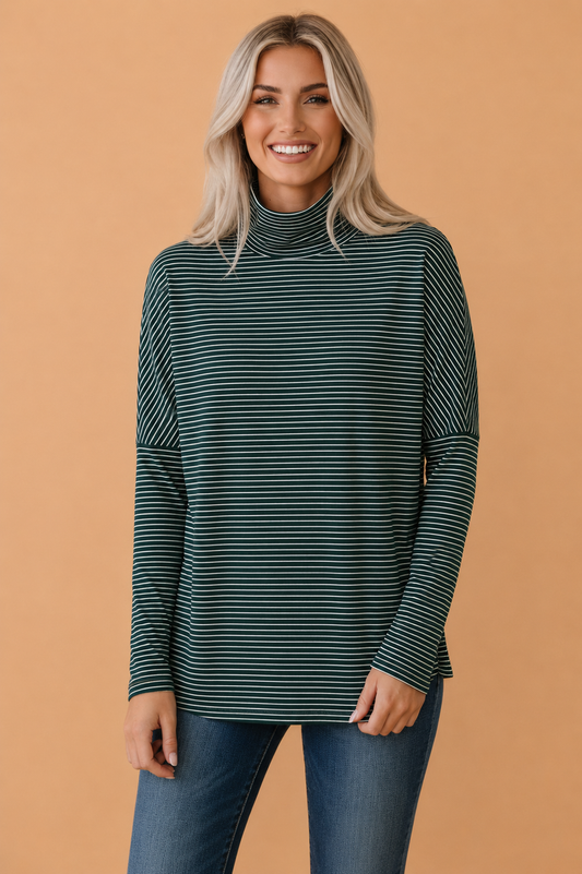 Stripe High Neck Drop Shoulder Long Sleeve Top
