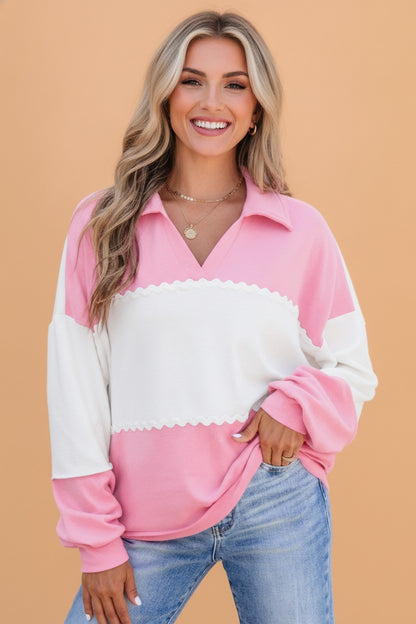 Colorblock Ricrac Trim Collared V-Neck Long Sleeve Top