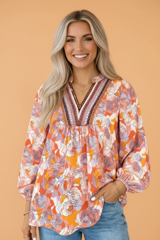 Floral Stripe V-Neck Long Sleeve Blouse