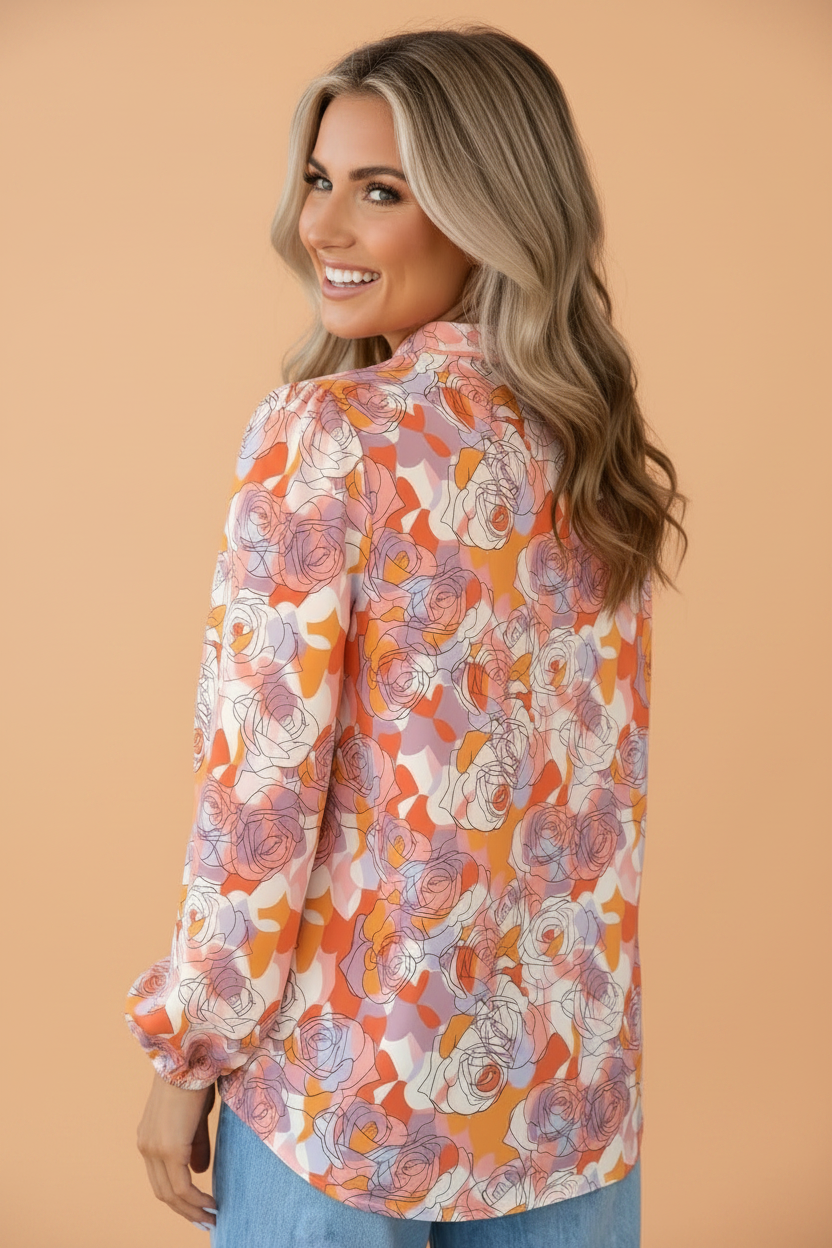Floral Stripe V-Neck Long Sleeve Blouse