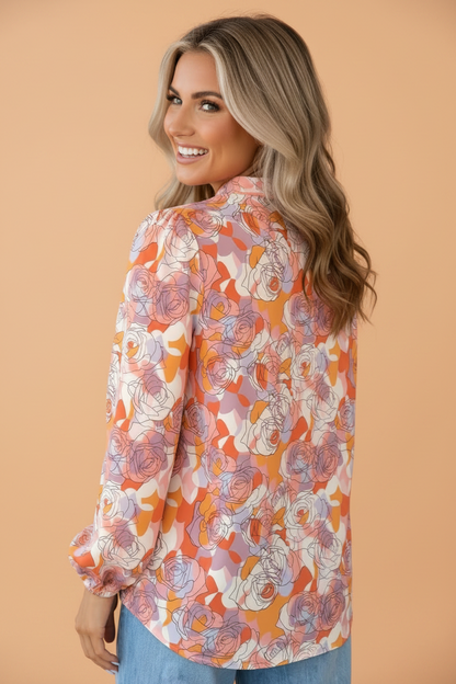Floral Stripe V-Neck Long Sleeve Blouse