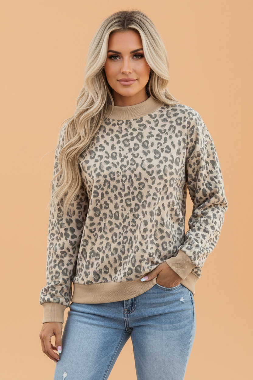 PRETTY BASH Leopard Ribbed Trim Mock Neck Long Sleeve Top