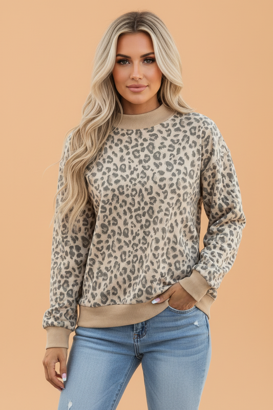 PRETTY BASH Leopard Ribbed Trim Mock Neck Long Sleeve Top