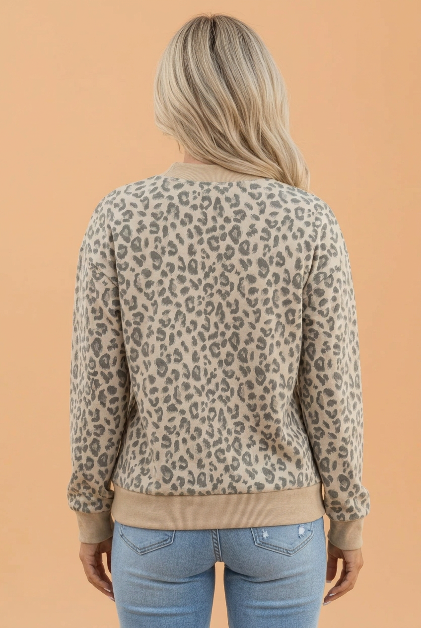 PRETTY BASH Leopard Ribbed Trim Mock Neck Long Sleeve Top