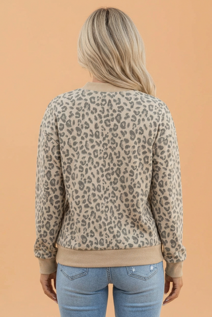 PRETTY BASH Leopard Ribbed Trim Mock Neck Long Sleeve Top