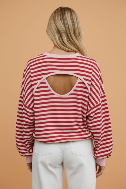 Stripe Cutout Open Back Long Sleeve Loose Top