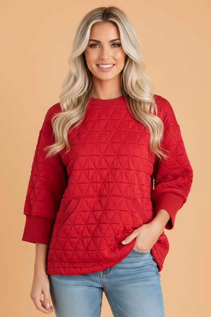 PRETTY BASH Solid Quilted Textured 3/4 Sleeve Top w/ Pockets