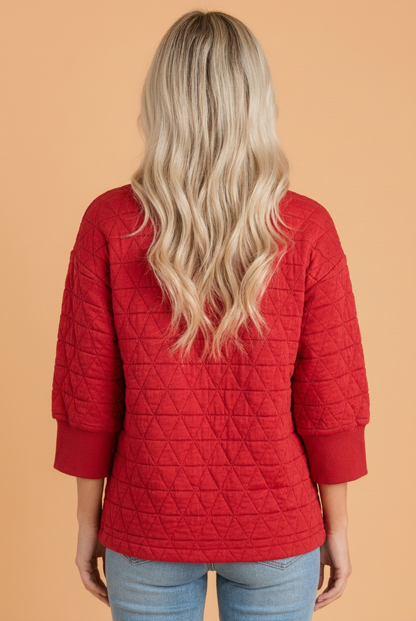 PRETTY BASH Solid Quilted Textured 3/4 Sleeve Top w/ Pockets