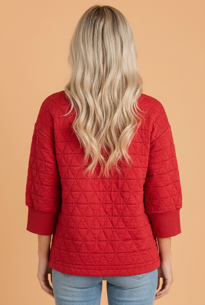 PRETTY BASH Solid Quilted Textured 3/4 Sleeve Top w/ Pockets