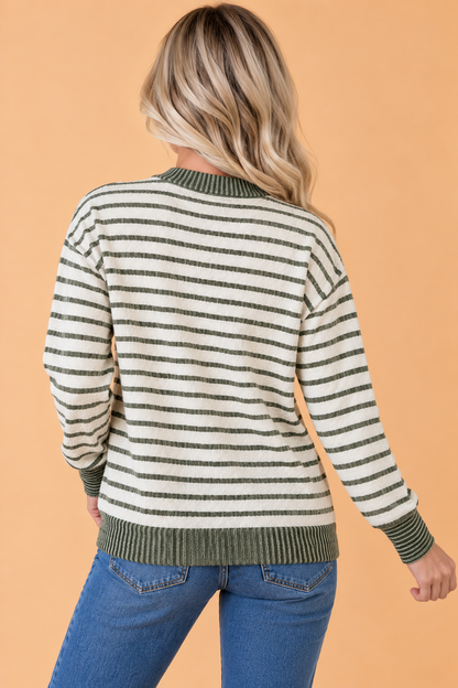 Stripe Corded Knit Patchwork Long Sleeve Top