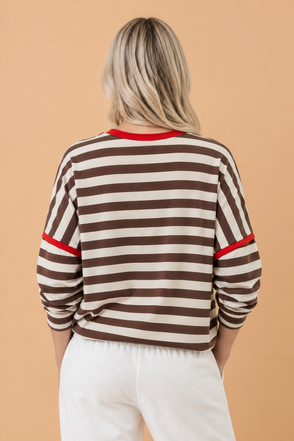 PRETTY BASH Stripe Contrast Trim Round Neck Long Sleeve Top