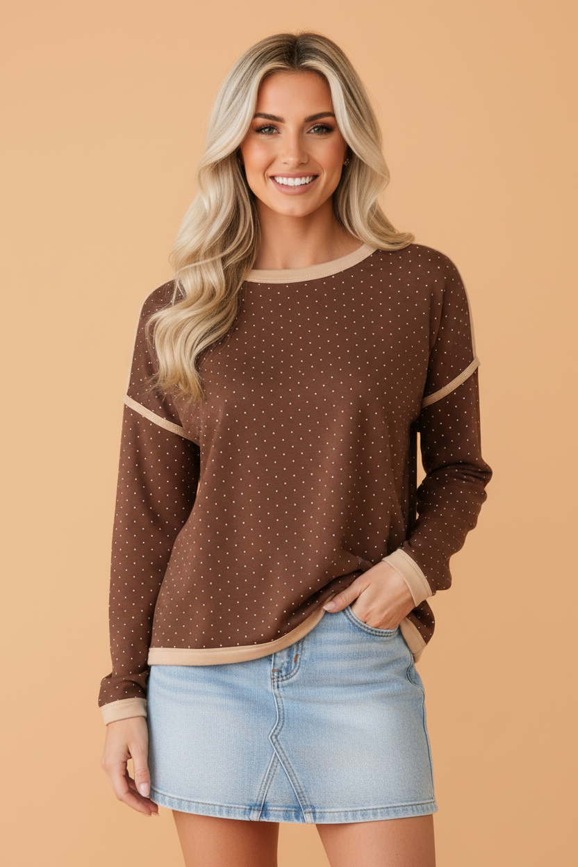 PRETTY BASH Polka Dot Contrast Trim Long Sleeve Top