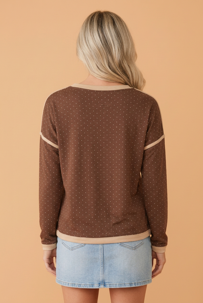 PRETTY BASH Polka Dot Contrast Trim Long Sleeve Top