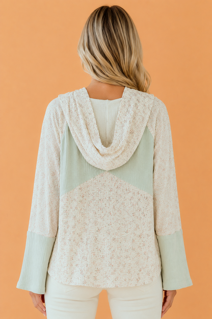 Floral Patchwork Button Hooded Long Sleeve Top