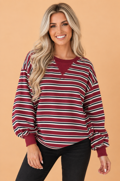 Stripe Drop Shoulder Puff Long Sleeve Top