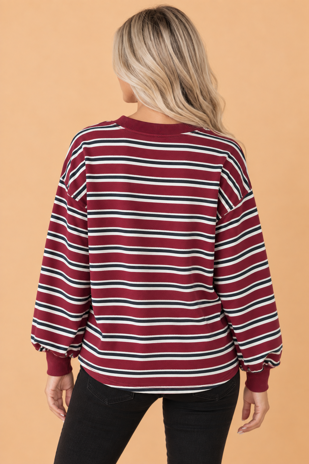 Stripe Drop Shoulder Puff Long Sleeve Top