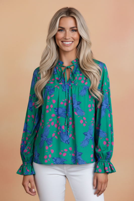 Abstract Floral Bird V-Neck Flounced Puff Sleeve Blouse