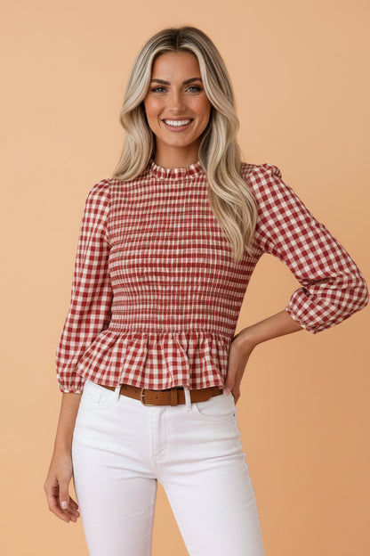 Gingham Shirred Long Sleeve Peplum Top