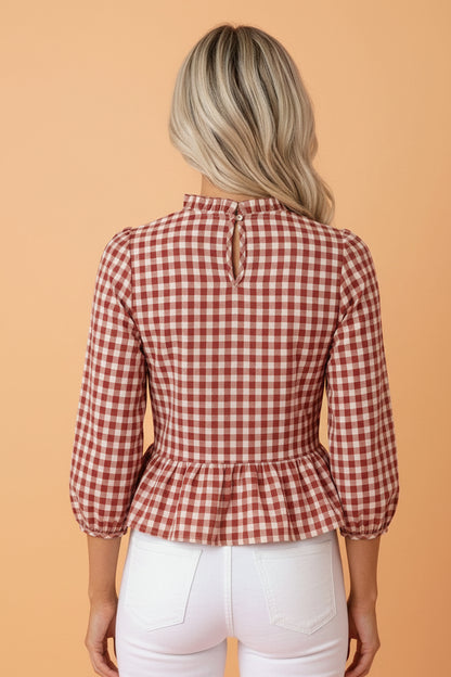 Gingham Shirred Long Sleeve Peplum Top