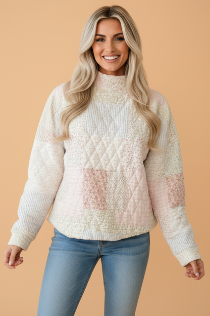 PRETTY BASH Floral Patchwork Quilted Mock Neck Long Sleeve Top