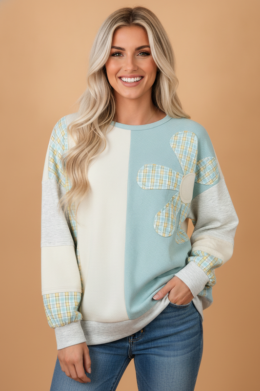 Plaid Patchwork Flower Round Neck Long Sleeve Top