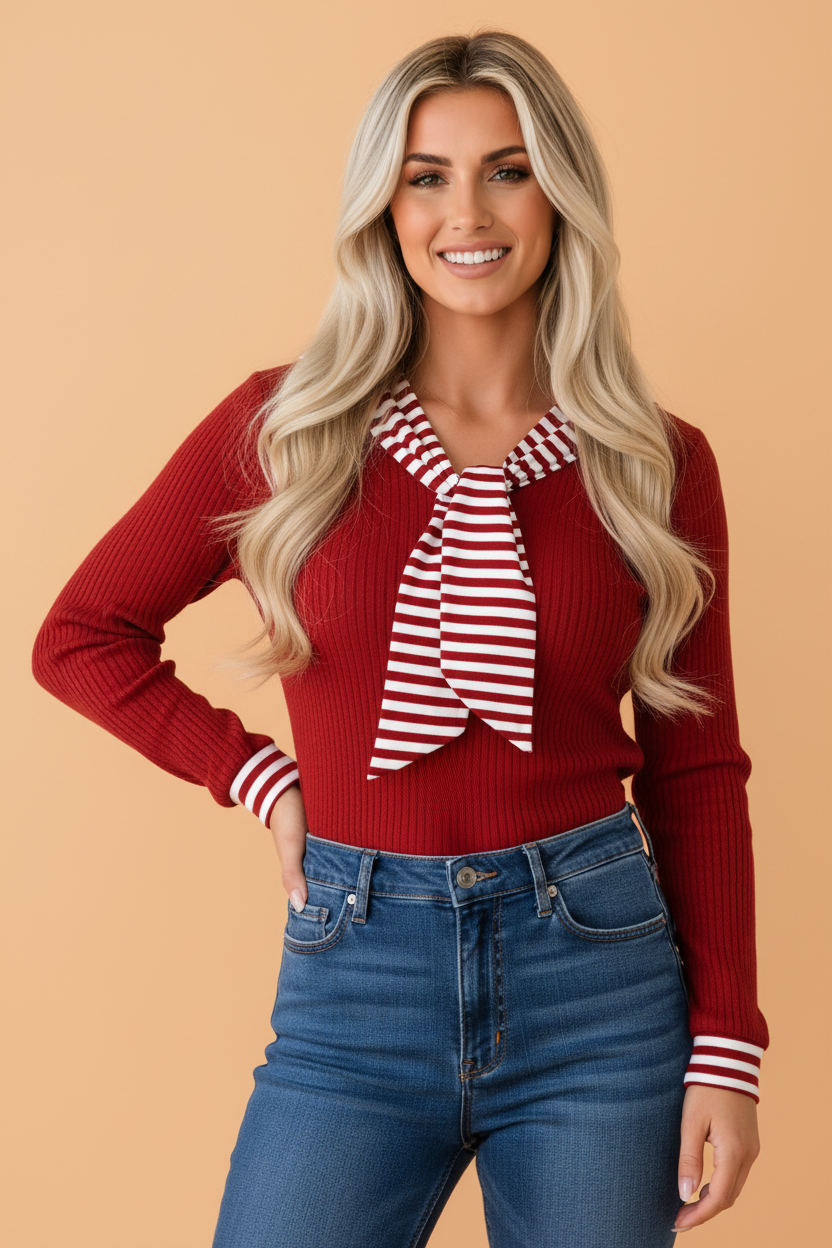 PRETTY BASH Stripe Contrast Tie Neck Cuffed Long Sleeve Top