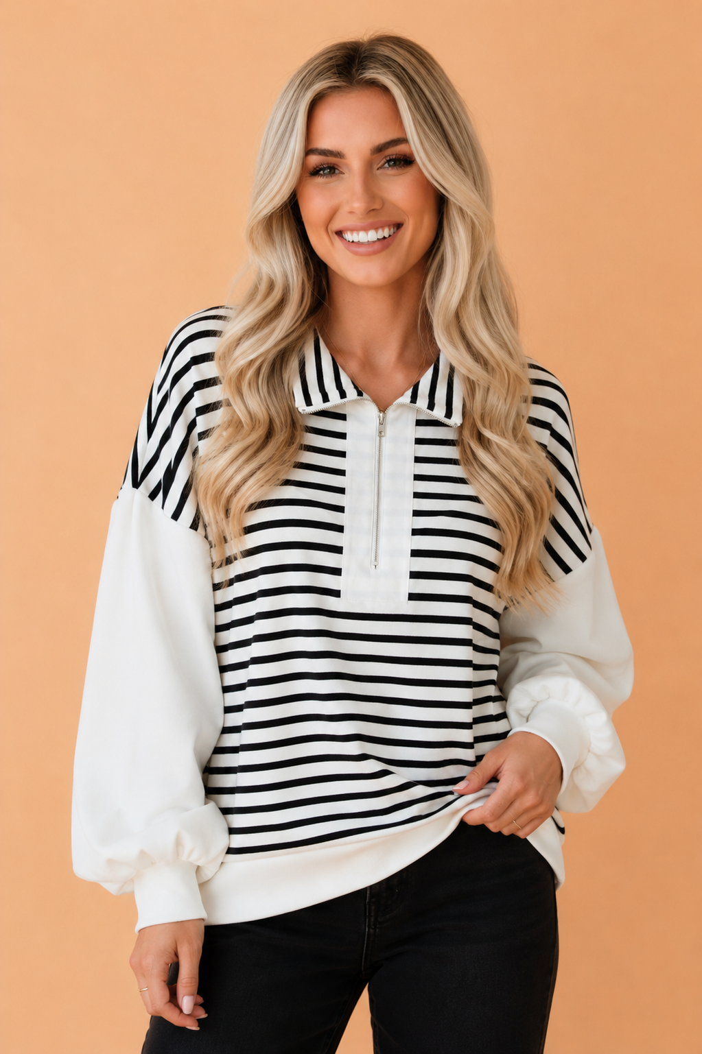 Stripe Colorblock Long Puff Sleeve Zip Collar Top