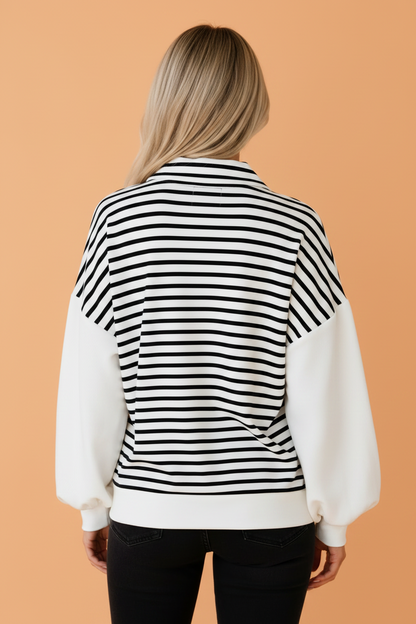 Stripe Colorblock Long Puff Sleeve Zip Collar Top